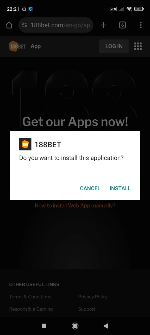 Install and launch the 188bet app on Android.